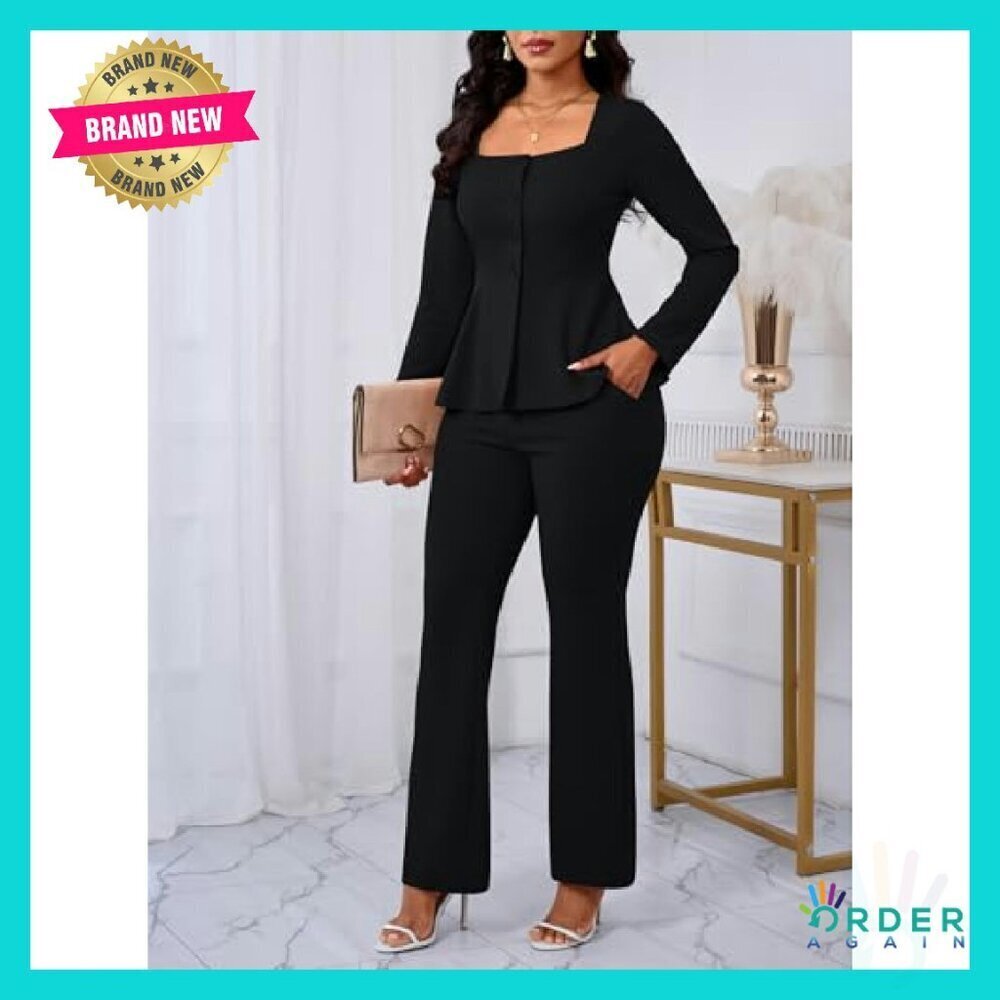 Two Piece Pantsuit Set Long Sleeve Blazer Flare Pant Office Work Formal Wear - Picture 3 of 8